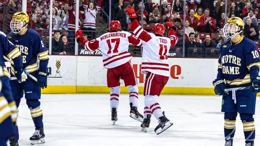 Owen Mehlenbacher celebrates his goal at the Kohl Center on Feb. 21, 2025