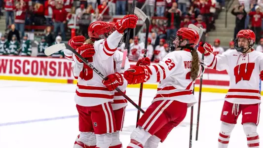 Badgers celebrate a goal on 2.28.25 against Bemidji State at LaBahn Arena