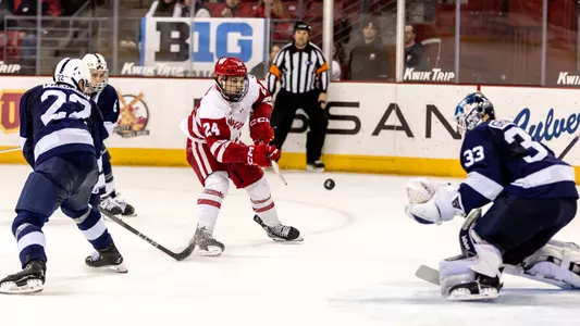 Anthony Kehrer skates against Penn State at the Kohl Center