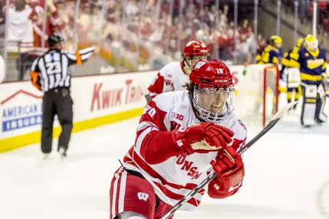 The Wisconsin Badgers hockey team defeats Michigan 5-4 during at the Kohl Center on November 3, 2023. (Photo by Taylor Wolfram / UW-Athletics)