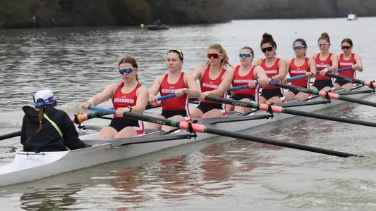 The Wisconsin women's rowing team races at the 2025 Cardinal Invite