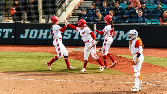 Badgers celebrate a run against Bowling Green