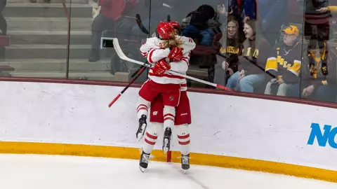 Casey O'Brien and Laila Edwards celebrate a goal in Friday's 6-2 win over Minnesota.