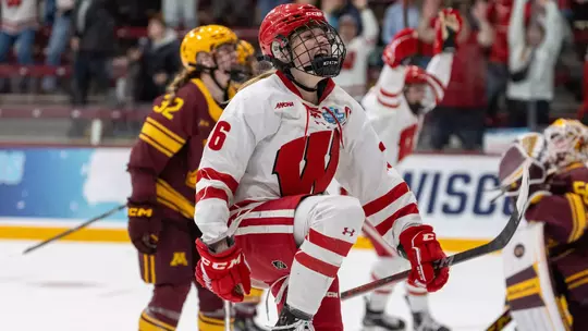Casey O'Brien celebrates a goal vs. Minnesota in the Frozen Four.