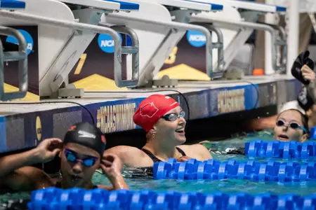 Phoebe Bacon celebrates after finishing her race at the NCAA Championships.