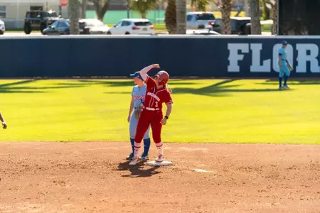 Emily Bojan celebrates a double against Kansas