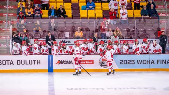 Badgers celebrate a goal on 3.7.25 against UMD in the WCHA Final Faceoff semifinal