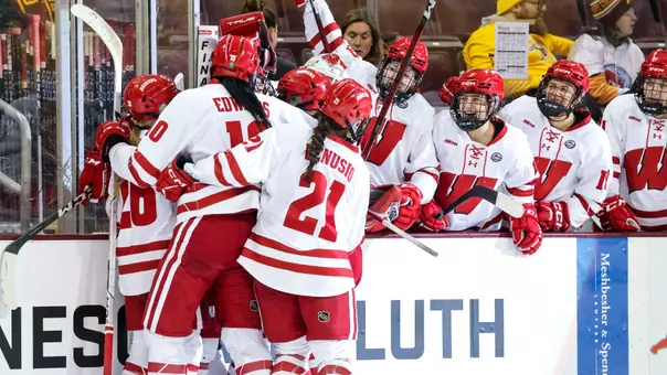Badgers celebrate a goal on 3.7.25 against UMD in the WCHA Final Faceoff Game