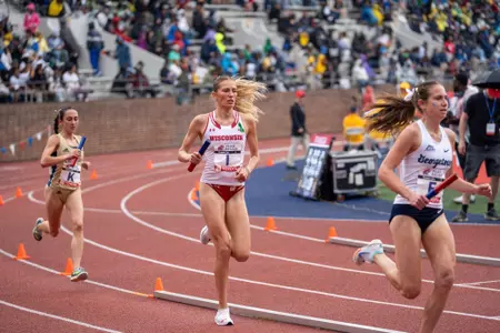 Mya Bunke runs at the Penn Relays.
