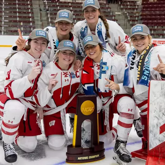 Wisconsin Badgers seniors celebrate the NCAA college Women’s Frozen Four Final hockey game against the Ohio State Buckeyes, Sun., Mar. 23, 2025, in Minneapolis, Min. The Badgers won 4-3 in overtime. (Photo by David Stluka/Wisconsin Athletic Communications)