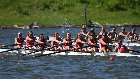 Wisconsin women's openweight varsity eight rowing squad rows at the 2025 Big Ten Championships