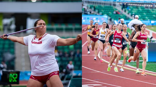 Taylor Kesner throwing javelin and Emma Kelley running the 800 meters at the Big Ten Championships