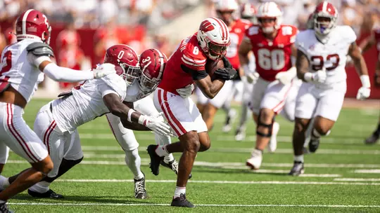 Wisconsin Badgers wide receiver Vinny Anthony II (8) caries the ball during an NCAA college football game against the Alabama Crimson Tide, Saturday, Sept. 14, 2024, in Madison, Wis. The Crimson Tide won 42-10. (Photo by David Stluka/Wisconsin Athletic Communications)