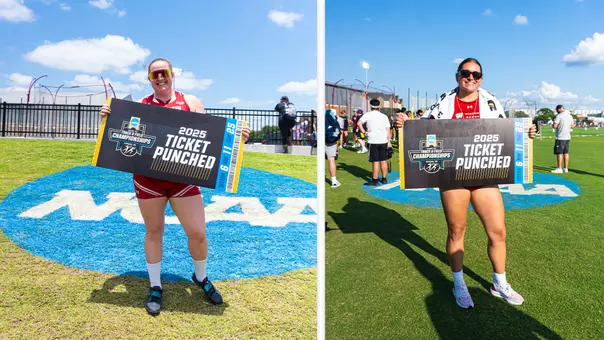Chloe Lindeman and Taylor Kesner pose with a sign at the NCAA West First Round.