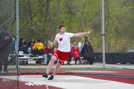 Jacob Schaefer throws a discus at the Badger Challenge