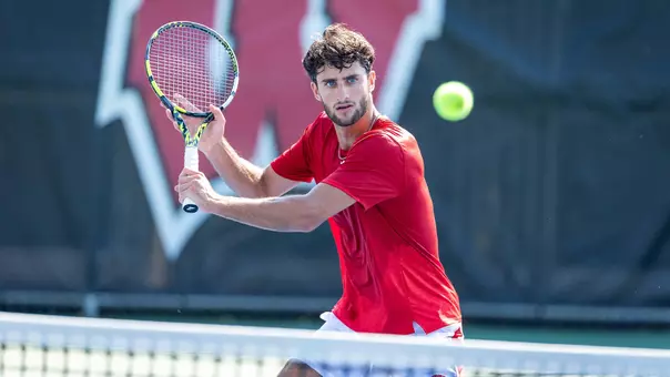 Wisconsin Badgers men’s tennis player Michael Minasyan, Tues., Sept. 16, 2025, in Madison, Wis. (Photo by David Stluka/Wisconsin Athletic Communications)