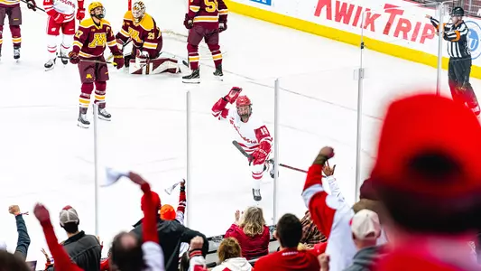 Quinn Finley celebrates a goals against Minnesota at the Kohl Center