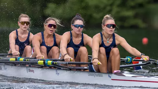 Grace Joyce (left) and Lauren O'Connor (right) rowing quadruple sculls in 2024