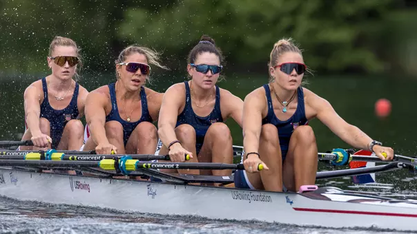 Grace Joyce (left) and Lauren O'Connor (right) rowing quadruple sculls in 2024