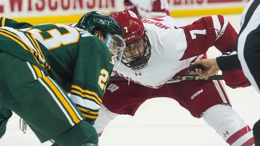 Gavin Morrissey takes a faceoff against an Alaska Anchorage skater