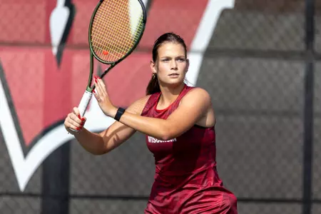 Maria Sholokhova hits the ball during a practice