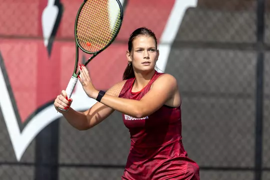 Maria Sholokhova hits the ball during a practice