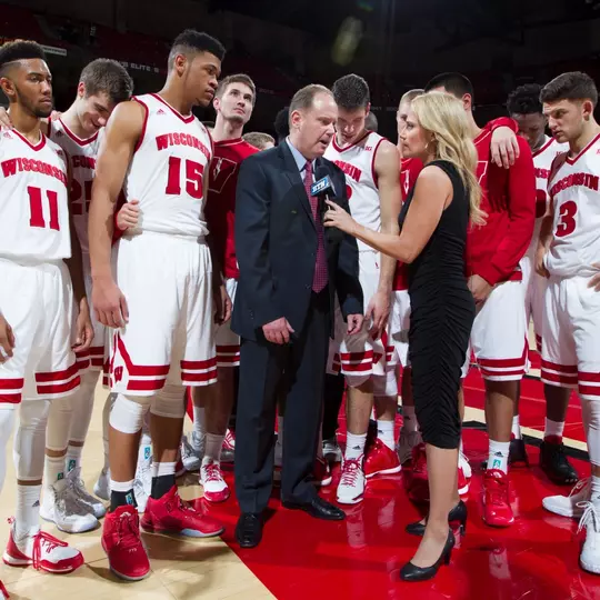 Wisconsin Badgers interim Head Coach Greg Gard talks to the a BTN reporter after an NCAA college basketball game against the Green Bay Phoenix Wednesday, December 23, 2015, in Madison, Wis. The Badgers won 84-79. (Photo by David Stluka)