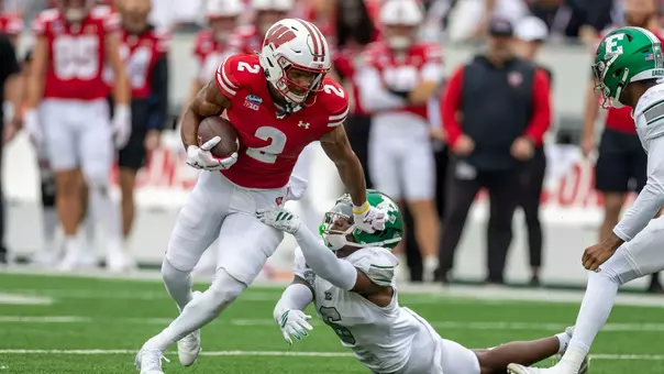 Wisconsin Badgers wide receiver Chris Brooks Jr. (2) carries the ball during a an NCAA college football game against Eastern Michigan Eagles, Sept. 19, 2026, in Madison, Wis. The Badgers won 54-10. (Photo by David Stluka/Wisconsin Athletic Communications)