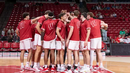 Wisconsin Badgers huddle before an exhibition NCAA college basketball game against UW-Parkside Rangers, Oct. 10, 2026, in Madison, Wis. The Badgers won 94-71. (Photo by David Stluka/Wisconsin Athletic Communications)
