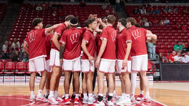 Wisconsin Badgers huddle before an exhibition NCAA college basketball game against UW-Parkside Rangers, Oct. 10, 2026, in Madison, Wis. The Badgers won 94-71. (Photo by David Stluka/Wisconsin Athletic Communications)