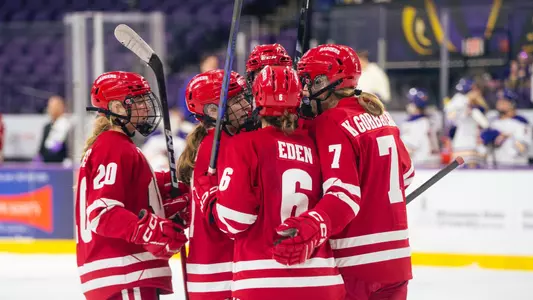 The Badgers celebrate a Cassie Hall goal against MSU on 2/13/26