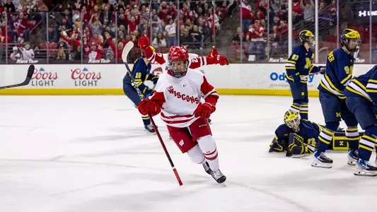 Adam Pietila celebrates his goal against No. 2 Michigan at the Kohl Center on Feb. 20, 2026