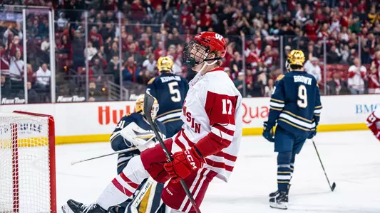 Grady Deering celebrates a goal against Notre Dame
