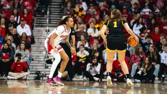Destiny Howell guards versus Iowa on Senior Day.