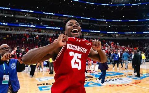 John Blackwell celebrates after a Wisconsin win over Illinois in the Big Ten Tournament