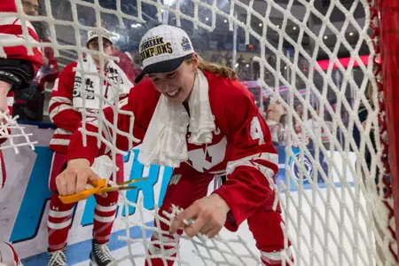 Carolina Harvey cuts the net. - Wisconsin Women's Hockey vs Ohio State - 2026 National Championship