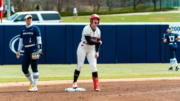 Emily Bojan celebrates on 2B against Penn State.