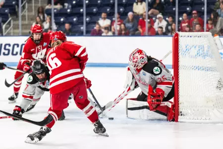 Claire Enright shoots on goal in the National Championship. - Wisconsin Women's Hockey - 2026 Frozen Four Final