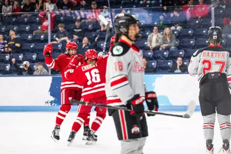 Claire Enright celebrates her goal against Ohio State in the National Championship. - Wisconsin Women's Hockey - 2026 Frozen Four Final