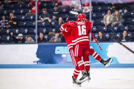 Claire Enright celebrates her goal in the National Championship. - Wisconsin Women's Hockey - 2026 Frozen Four Final