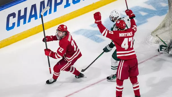 Jack Horbach celebrates the winning goal against Dartmouth on March 26, 2026
