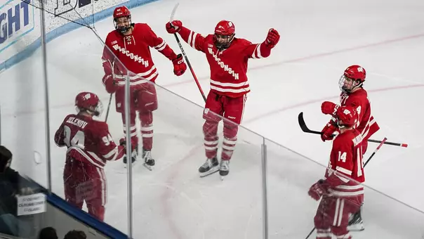 Badgers celebrate a goal at Penn State