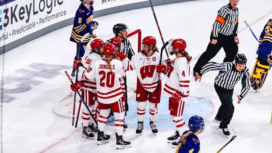 The Badgers celebrate a goal in the WCHA Final Faceoff semifinal