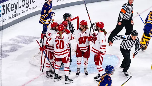 The Badgers celebrate a goal in the WCHA Final Faceoff semifinal
