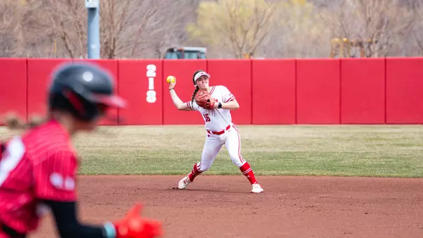 Hannah Conger throws to first base against Nebraska.