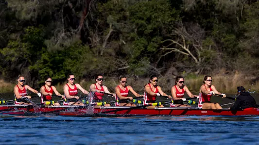 Varsity eight racing at B1G Invite in California