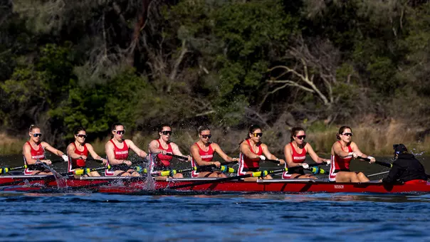 Varsity eight racing at B1G Invite in California