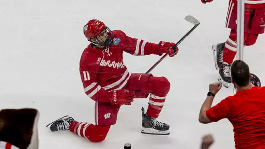Simon Tassy celebrates a goal on April 9, 2026, at the Frozen Four in Las Vegas against North Dakota
