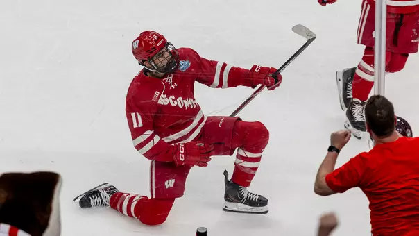 Simon Tassy celebrates a goal on April 9, 2026, at the Frozen Four in Las Vegas against North Dakota