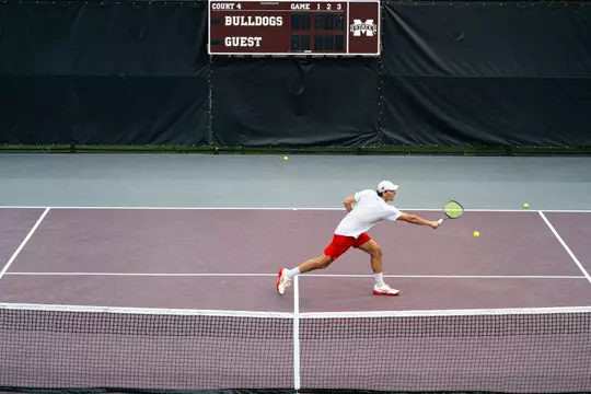 Men's tennis practices for the NCAA Tournament in Starkville, Miss.